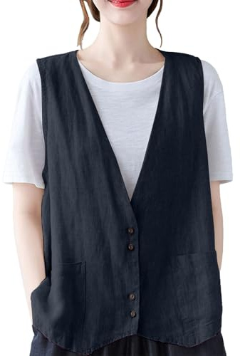 Gilet da donna oversize, in lino, senza maniche, leggero, con scollo a V, abbottonatura, estivo, vintage, in cotone e lino, tank top con apertura frontale, cardigan estivo S-7XL, 6XL