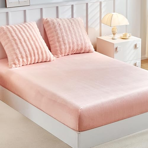 Tokokimo Lenzuolo sotto regolabile da 160 x 200 cm per 2 persone, bordo alto 35 cm, include 2 federe da 65 x 65 cm – Lenzuolo sotto in flanella morbida e calda in peluche rosa