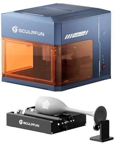 SCULPFUN iCube Ultra 12W Mini Laser Graviermaschine, mit Roller RAmini, Lasergraviermaschine mit SCULPFUN APP, Laser Cutter Holz mit Rauchfilter, 150x150mm Arbeitsbereich