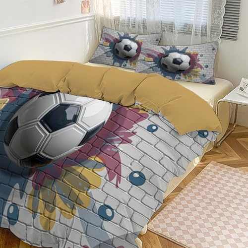 JEDTAKCT Housse De Couette Ballon De Football 3D Mur 200X200 Adulte Enfant Motif Graffiti De Rue Parure De Lit 1 Person avec Fermeture, Taie d'oreiller, Douce Linge De Lit Microfibre, Gris Foncé