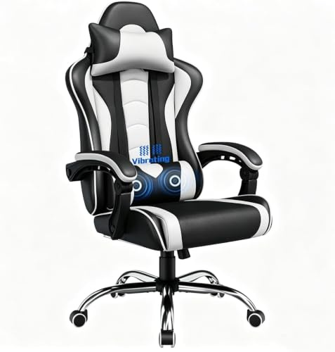 Yaheetech Sedia Gaming Ergonomica Massaggiante Senza Poggiapiedi Bianco | Poltrona Gamer in Finta Pelle, Schienale Reclinabile, con Ruote e Braccioli, Poggiatesta, Supporto Lombare,Portata 150 kg