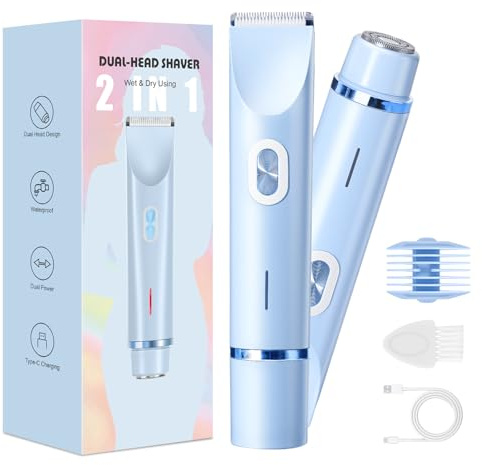 Rasierer Damen,2-in-1 Doppelkopf Intimrasierer für Frauen mit USB-C-Laden, Damenrasierer Elektrisch für Gesicht, Beine und Arme, Bikini Trimmer mit Wasserdichter Trimmerkopf, Leicht zu Reinigen(Blau)