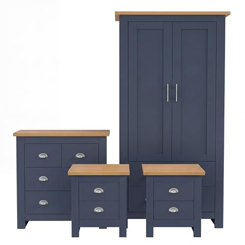 Blisswood Bedroom Furniture Sets with 2 Door Wardrobe & 2+2 Drawer Chest of Drawers + 2 Drawer 2 Bedside Table Bedroom Set for 4 Piece Bedroom Storage furniture (Blue & Oak)