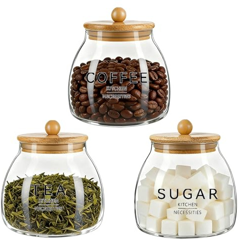 Tea Coffee and Sugar Canisters Set, 3 PCS 650ml Airtight Glass Storage Jars | Tea Coffee Sugar Canisters Decorative Storage Tins with Bamboo Lids, Sugar Coffee Tea Set Organiser for Home Kitchen