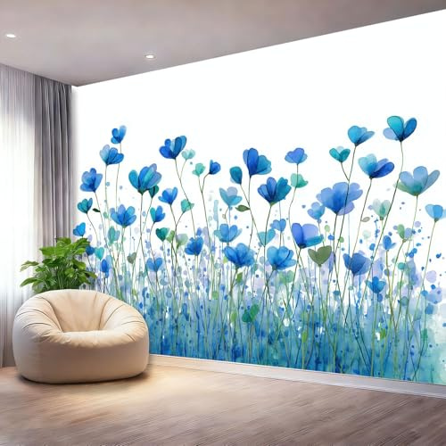 Carta da parati artistica 3D in tessuto non tessuto Fiori Selvatici Dipinti A Mano Ad Acquerello 200 x 140 cm Carta da parati decorazione murale per soggiorno e camera da letto, Blu