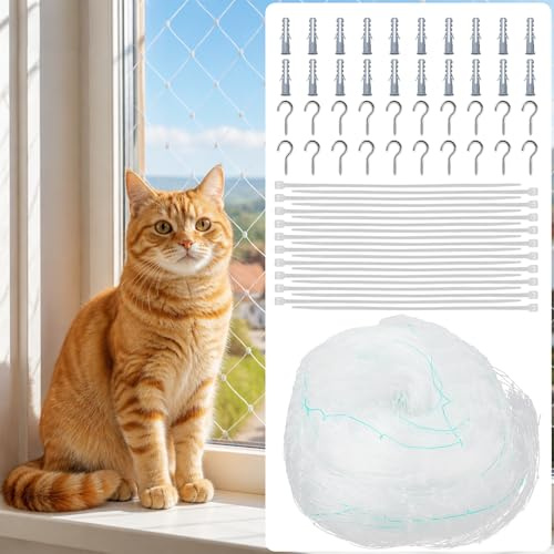 Cat Net for Balcony, 6 x 3 m, Balcony Net for Cats, No Drilling, White | Robust, bite-resistant and UV-resistant, with cable ties and screw hooks