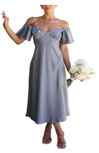 Satinklänning, satin, kortärmad, sexig, off-shoulder-klänning, ledig, lös, split sommar, slash hals, rygglös formell för fester, ljusblå, XL