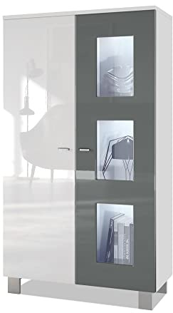 Vladon Vitrine Denjo, Made in Germany, Standvitrine mit 2 Türen und 3 Glaseinsätzen, Weiß matt/Weiß Hochglanz/Grau Hochglanz inkl. LED-Beleuchtung (71 x 129 x 35 cm)