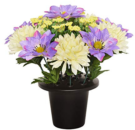 SF 25CM ARTIFICIAL CREAM/IVORY & LILAC CHRYSANTHEMUM & CLEMATIS GRAVE FLOWER POT - VASE INSERT MEMORIAL