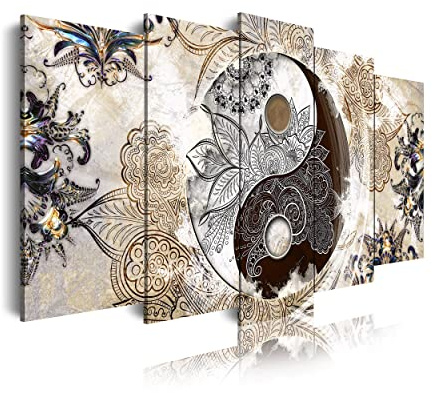 Dekoarte 455 - Quadro moderno su tela montato su telaio in legno di 5 pezzi, stile etnico yin e yang, 150x80cm