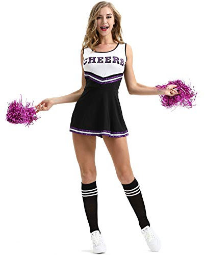 Elonglin Kostüm für Damen, Pompon, Mädchen, Kostüm, Cheerleader, Uniform, mit Quasten, Cosplay, High School, Musik-Top, Rock, Halloween, Schwarz, Größe 38 (Asien S)