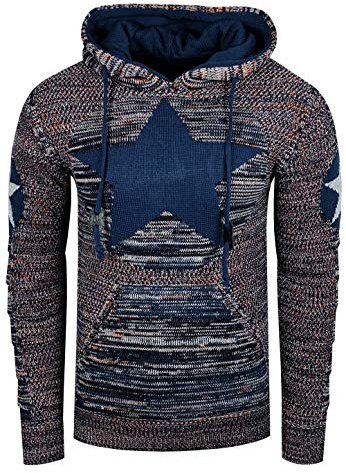 Rusty Neal Herren Kapuzenpullover Streetwear Strick Pullover mit Stern Front Design und Ausgefallenem Arm Design Slim Knitwear 341, Farbe:Indigo/Grau, Größe S-3XL:XL