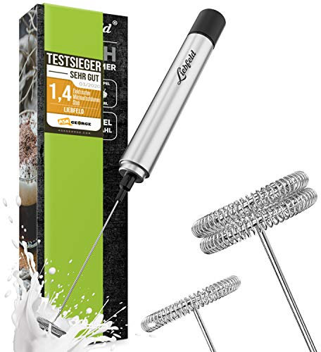 Liebfeld Milchaufschäumer Elektrisch - Stab Milchschäumer mit Einzel- u. Doppel-Spiralbesen - Edelstahl Milchaufschäumer Stab, Frappe Mixer, Milk Frother für Kaffee, Latte, Smoothies