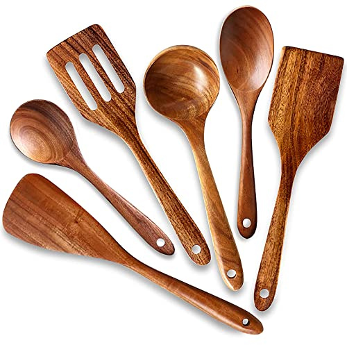 Bästa köksredskap i trä non-stick, matlagningsskedar, träspatel akaciaträ (6 stycken).