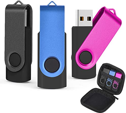 AreTop USB Stick 16GB 3 Stück, 360° drehbar USB 2.0, 3 Farben | USB 2.0 Plug-and-Play, kompatibel mit PC/Laptop/Tablet/Auto/TV/Spielekonsole, inklusive Aufbewahrungstasche