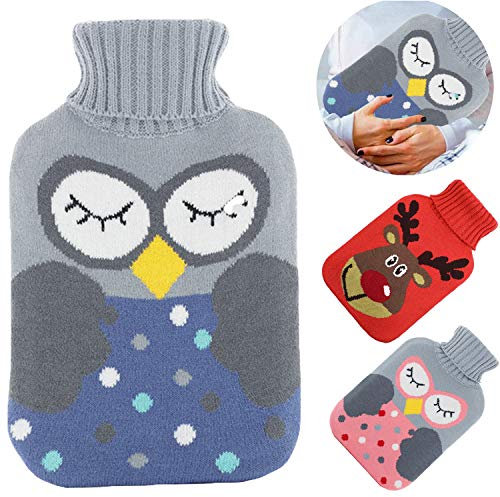 Wärmflasche mit Bezug, Wärmflasche 2 Liter mit Strickabdeckungen Abnehmbare und waschbare Wärmflasche,Wärmflasche Kinder Sicher und langlebig,Rollkragen Wärmekissen Wärmeflasche für Familie(Blau Eule)