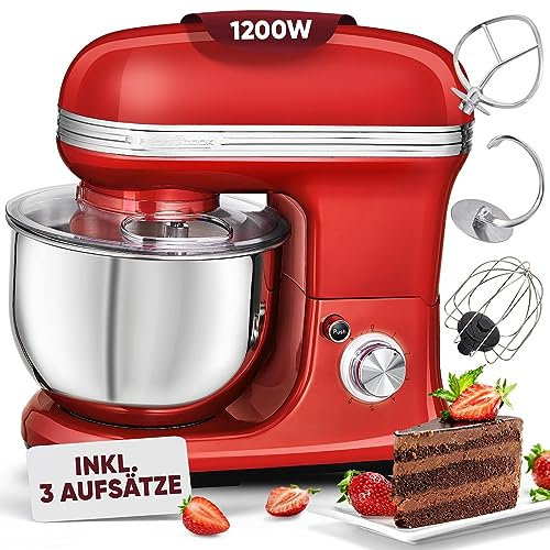ProfiCook® Küchenmaschine zum backen | Knetmaschine 5L mit starkem 1200W Motor | Teigmaschine inkl. Haken & Schneebesen | Retro Teigknetmaschine Spritzschutz mit Nachfüllöffnung | PC KM 1197 rot