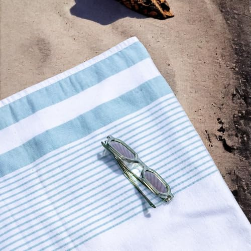 LERUUM Beach Towel Cotton Peshtemal Light Weight White Blue Large Quick Dry Towel for Sauna Pool Bath Spa Yoga 1pc (100x180cm White/Blue)