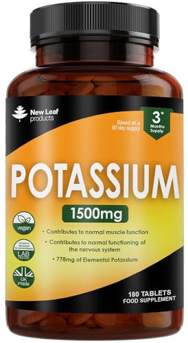 Potassium Supplements 1500mg High Strength - 180 Vegan Potassium Mineral Electrolytes Supplement - Contributes to Normal Muscle Function, Nervous System - Non-GMO, Made in UK by New Leaf