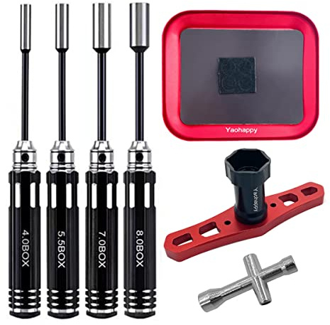 Hex Driver Set Hexagonal Head Nut Drivers 4.0/5.5/7.0/8.0mm and 4-Way Cross Wrench, 17mm Wheel Wrench, RC Screw Tray RC Repair Tools Kit for RC Quadcopter Helicopter FPV Drone Car Airplane