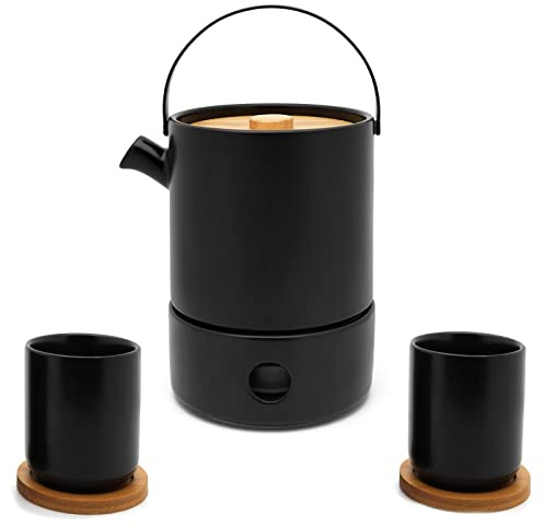 Bredemeijer Teekannen Set - schwarze Keramik-Kanne 1.2 Liter & Tee-Filter Sieb-Einsatz für losen Tee & Stövchen & 2 Steingut Teebecher - 6-tlg.