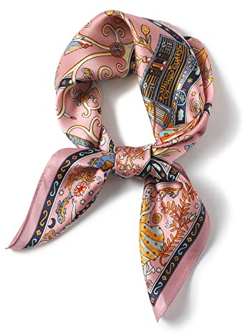 Aufeel 100% reine Maulbeerseide, quadratischer Schal für Haare, 68 x 68 cm, für Damen, Seide, Halstuch, Pinke Kette., Small
