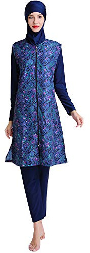 ABEUTY Conjunto de traje de baño de 3 piezas para mujer, traje completo de talla grande Burkini islámico modesto estampado, Dark Bule, 3XL