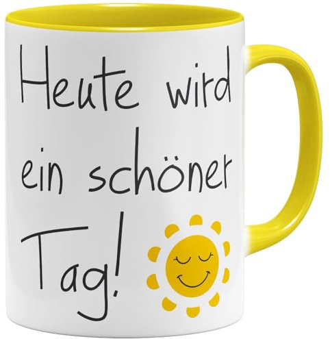 OM3® Positive Vibes Kaffee-Tasse mit Spruch - heute wird ein schöner Tag - gute Laune Sonne Motivation - Keramik Becher - 325ml - Beidseitig Bedruckt - Gelb