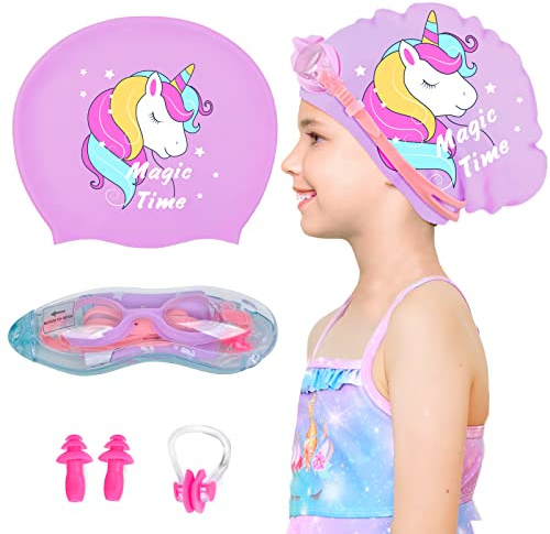 Kids Swim Caps for Girls (Age 2-6), Durable Waterproof Silicone Swimming Cap for Short Hair with Swimming Goggles, Ear Plug and Nose Clip (Purple, Large (6-12 Years))
