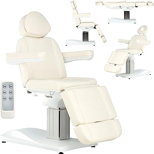 Calissimo Profi Elektrische Kosmetikliege – Behandlungsliege mit 3 Motoren für Kosmetik, Pediküre & Massage, Höhenverstellbarer Behandlungsstuhl aus Premium Eco-Leder, Fernbedienung, Weiß