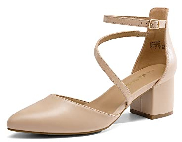 DREAM PAIRS Women's Closed Pointed Toe Low Chunky Heels Pumps Ankle Strap Wedding Business Dressy Shoes SDPU2354W,Size 6.5,Nude-PU,SDPU2354W
