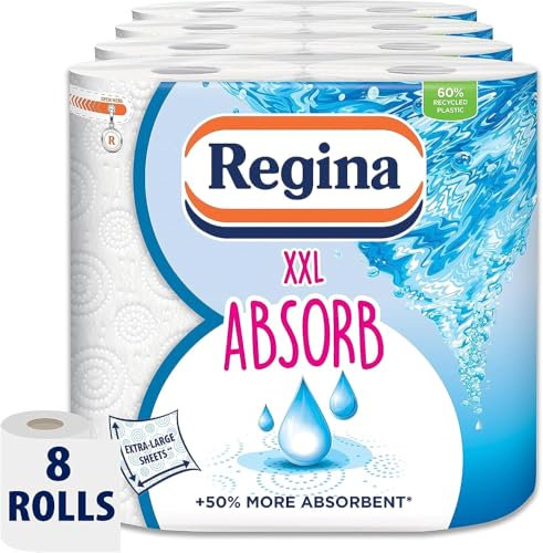 Regina Absorb Kitchen Towels – 8 Rolls Per Pack, Super Absorbent 2-ply Kitchen Towels, 75 Sheets Per Roll, Extra-large Sheets, 50percent More Than Previous XXL Products, Easy Open Pack