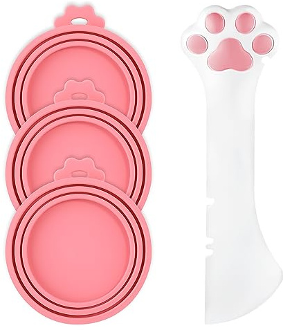 BOXOB 3pcs Pet Food Can Covers with Cute Spoon, Silicone Pet Food Can Lids, Cat & Dog Food Can Lid with Cat Paw Shaped Pet Food Can Spoon for Pet Cat and Dog Feeding Jars (Pink)