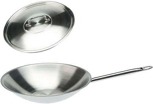 SKK großer Wok Ø 36 cm - induktive 18/10 Edelstahl Wokpfanne - Schwenkpfanne mit flachem Boden & Edelstahl-Deckel