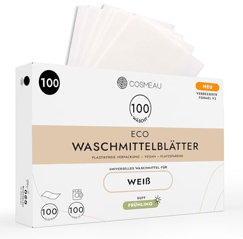 Cosmeau Feuilles de Lessive Cosmeau pour Linge Blanc – 100 Feuilles – Lessive Écologique, Idéale pour le Voyage