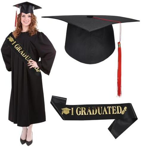 GUOYOU Bachelor Hut, Verstellbar Bachelor Abschluss Hut, Absolventenhut Unisex mit I GRADUATED Schärpe Schwarz, Studentenhut für Abschlussfeiern Foto Hintergrund Abschlussparty