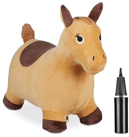 Relaxdays Hüpftier Pferd, mit Bezug, inkl. Luftpumpe, Hüpfpferd bis 50 kg, BPA-frei, Hüpfpony ab 3 Jahre, Hellbraun