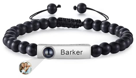 Lam Hub Fong Projektionsarmband mit Foto Männer Perlenarmband mit Namen Herren Armbänder für Vatertag Weihnachtsfeiertag Geburtstagsgeschenk (# G)