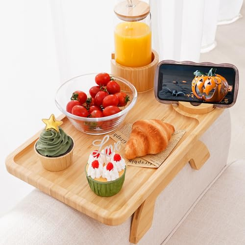 Nnewvante Couch Cup Holder Tray, 3 in 1 Bamboo Sofa Arm Clip-on Tray | Large 39x25cm Couch Armret Tray, 360°Rotating Cup & Phone Holder and Non-Slip Base Sofa Table on Arm