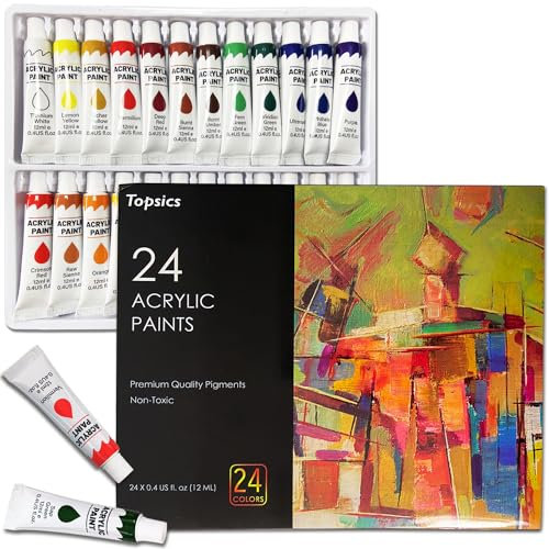 Topsics Colori Acrilici per Dipingere, 24 tubi da 12 mL Kit di Pittura Acrilica Perfetto per Pietra/Vetro/Legno/Tela, Kit di Pittura Acrilici Atossici per Principianti