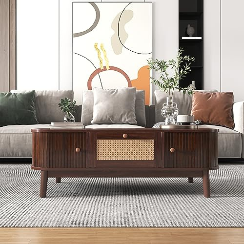 NNJN Mesa de centro - Mesa de café de ratán, cajones con ratán y puertas correderas con listones de madera maciza, patas de madera maciza, estilo rústico natural. (color madera y nogal), WF304063