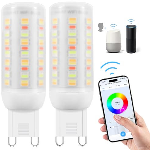 Wi-Fi RGBCW Smart G9 LED Lampen,Kompatibel mit Alexa /Google Home,AC 230V Mehrfarbrige dimmbare,2700K-6500K,Helligkeit einstellbar 1%-100%,4W,400LM,mit Musiksynchronisation LED Glühbirne,2er Pack