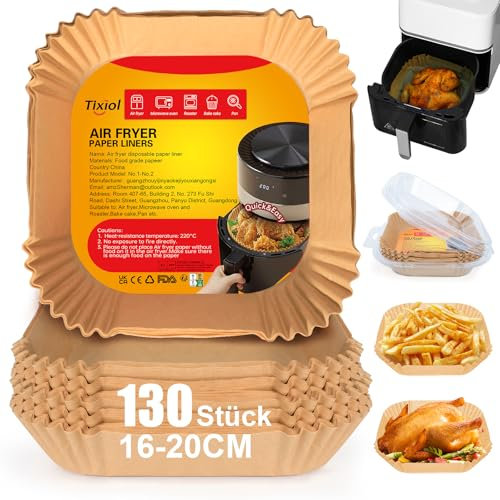Tixiol 130 Stück Backpapier für Heißluftfritteuse 3L-4,5L, 16-20cm Airfryer Backpapier Wasserdicht Ölfest Eckig Air Fryer Baking Paper Antihaft Einwegschalen Luftfritteuse Pergamentpapier Liner