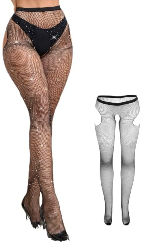 ohyeahlady Sparkly Fishnet Tights Womens Plus Size Crotch Open Stockings | XS-5XL, Rhinestone Pantyhose, High Waist, Glitter Tights for Women, for Sexy Party Concert Outfit