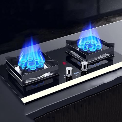 THEGA Fornello A Gas Doppio 5.2KW - Fornello A Gas in Vetro Temperato, Cucine a Gas da Tavolo e da Incasso, Stufa a Gas con temporizzazione Intelligente bilaterale da 180 Minuti(LPG)
