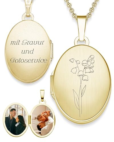 Amoonìc Damen Medaillon mit Geburtsblume oval Silber 925 / Gold vergoldet | Kette zum Öffnen für Bilder personalisiert mit Geburtsblumen Gravur, Geschenk Geburtstag