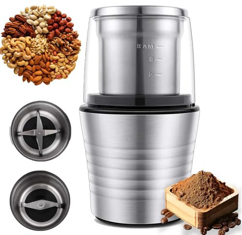 Molinillo de Granos eléctrico, Molinillo de Especias de Acero Inoxidable con Tazas extraíbles, Apto para lavavajillas, Molinillo de Hierbas eléctrico de 300 W, Molinillo de café para Granos de café