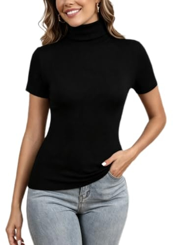 Pull Col Roulé Femme Chaussette Body Tricot Léger Manches Courtes Tee Shirt Top Haut Ajusté Moderne Col Montant sous Pull Basique Pullover Laine Vintage Chic Hiver Automne Printemps
