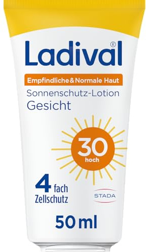 Ladival Empfindliche & Normale Haut Sonnencreme LSF 30 Gesicht, Lotion 50ml | Mit Hyaluronsäure & Photolyase, 4-fach Zellschutz, wasserfest, nicht komedogen, ideal als Make-up-Basis, korallenfreundlich