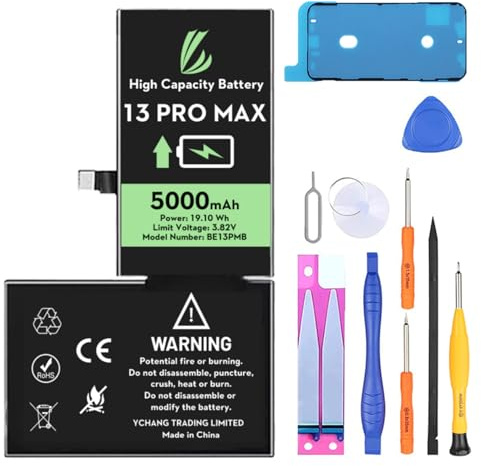 LL TRADER Batterie pour iPhone 13 Pro Max, 5000mAh Batterie Lithium ION Haute capacité avec Outils de réparation 2025